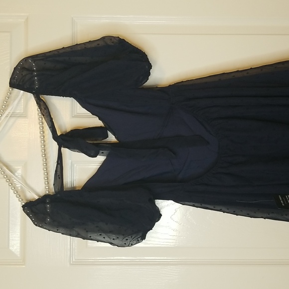 Lulus Always Delight Navy Blue Swiss Dot Puff Sleeve Open Tie Back Midi Dress - Picture 5 of 14